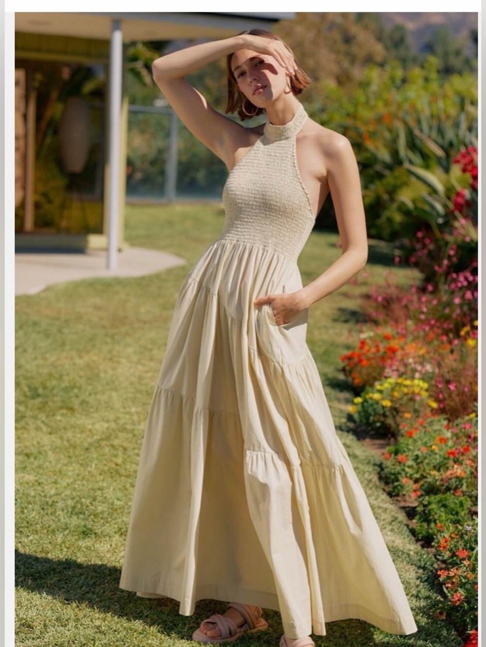 S/W/F Shirred Halterneck Maxi Dress Fawn Yellow Medium Anthropologie
